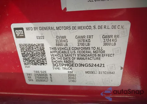 2022 GMC Sierra 1500 2Wd Short Box Denali z USA, uszkodzony, nr VIN 3GTPHGED3NG524421